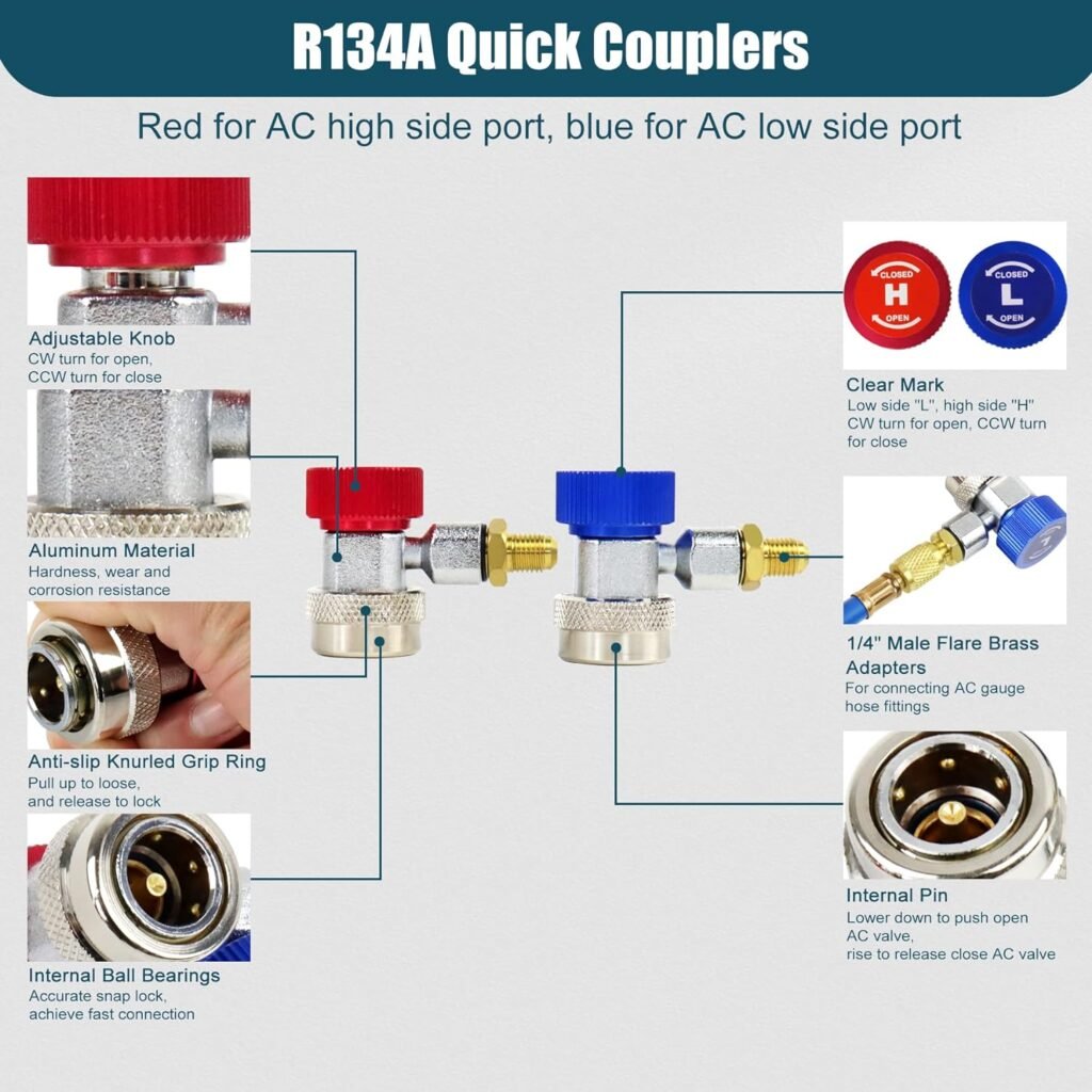ADAFIRST AC Manifold Gauge Set, 3 Way Car HVAC R134a R404a Refrigerant Charging Tool Kit, with Hoses Quick Coupler Adapter Can Tap Case, for Auto Air Conditioner Freon Diagnostic Test and Recharge