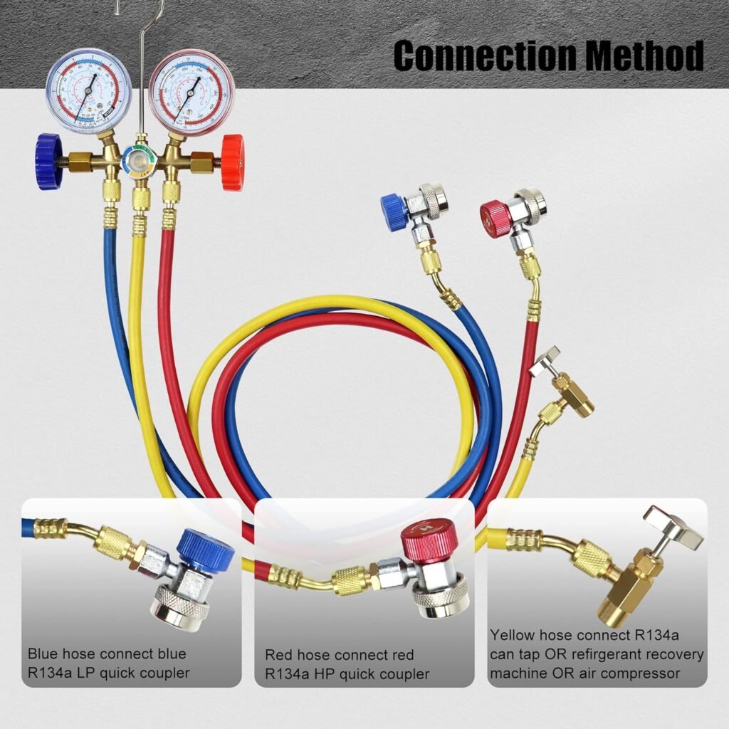 ADAFIRST AC Manifold Gauge Set, 3 Way Car HVAC R134a R404a Refrigerant Charging Tool Kit, with Hoses Quick Coupler Adapter Can Tap Case, for Auto Air Conditioner Freon Diagnostic Test and Recharge