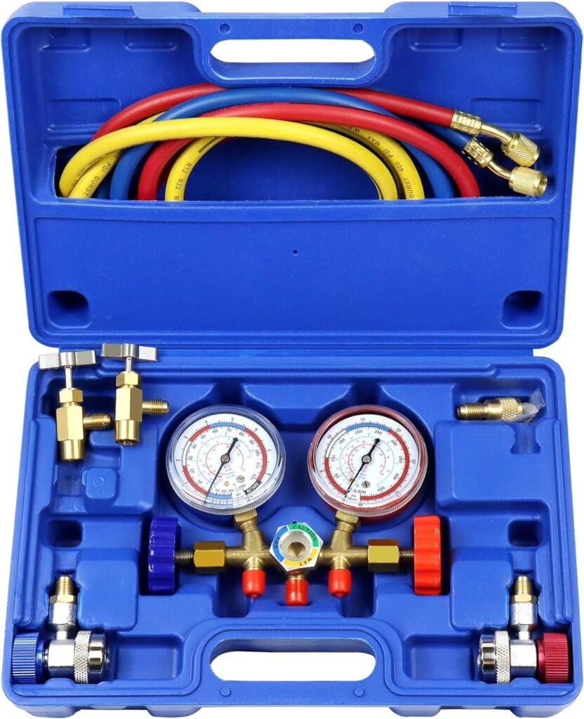 ADAFIRST AC Manifold Gauge Set, 3 Way Car HVAC R134a R404a Refrigerant Charging Tool Kit, with Hoses Quick Coupler Adapter Can Tap Case, for Auto Air Conditioner Freon Diagnostic Test and Recharge