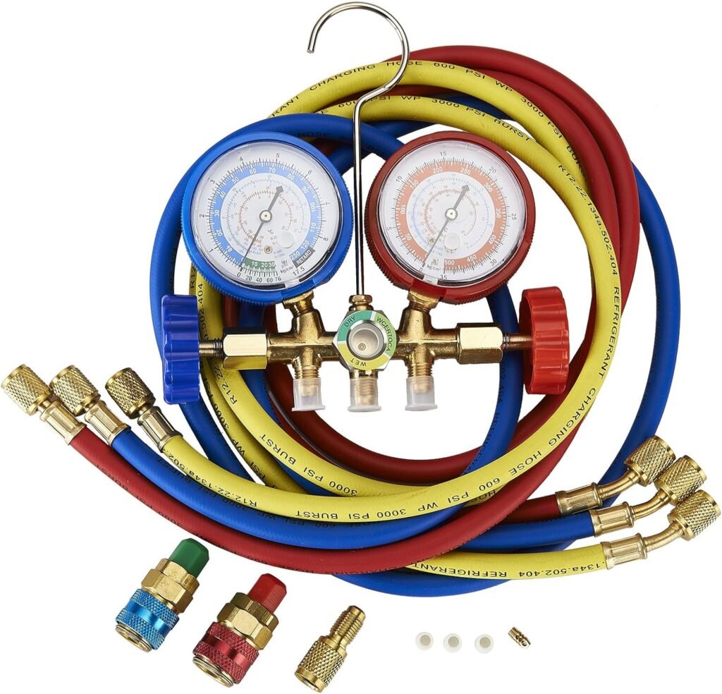 Orion Motor Tech OMT 5FT AC Diagnostic Manifold Freon Gauge Set Fits for R134A R12, R22, R502, with Couplers, Adapter for Car A/C System Automotive Air Conditioning Maintenance