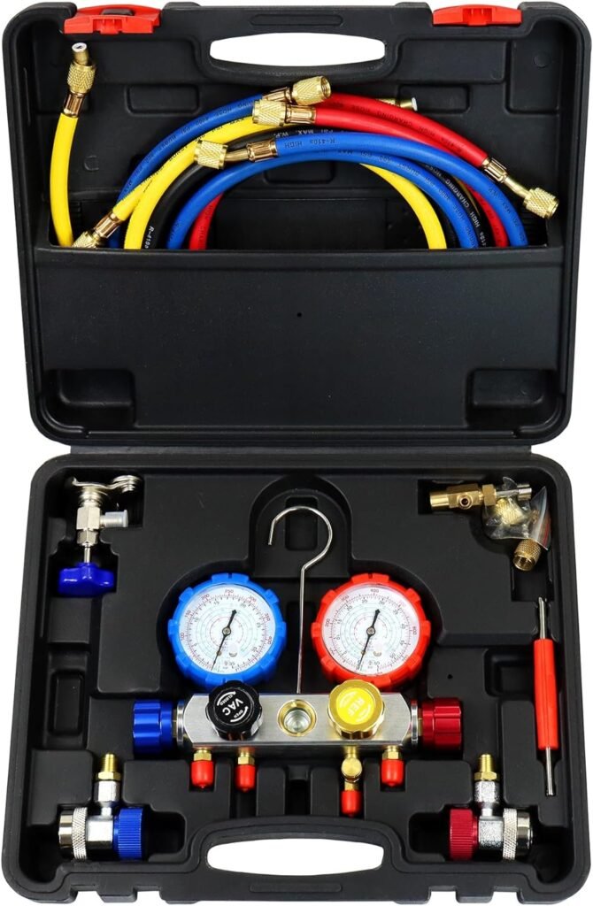 ADAFIRST AC Manifold Gauge Set, 4 Way HVAC R134a R404a R410a Freon Charging Tool Kit, with Hoses Couplers Can Taps Adapter Case, for Residential and Auto Air Conditioner Diagnostic Test and Recharge