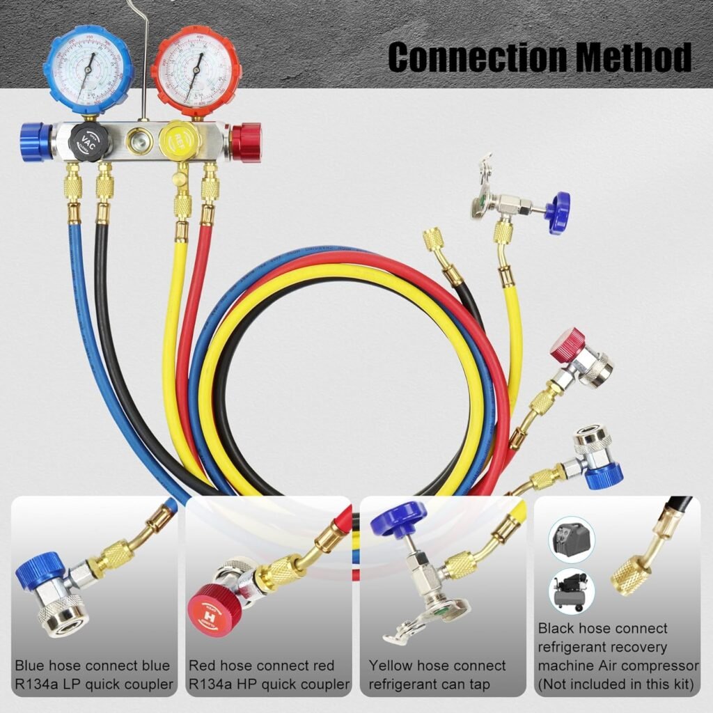 ADAFIRST AC Manifold Gauge Set, 4 Way HVAC R134a R404a R410a Freon Charging Tool Kit, with Hoses Couplers Can Taps Adapter Case, for Residential and Auto Air Conditioner Diagnostic Test and Recharge