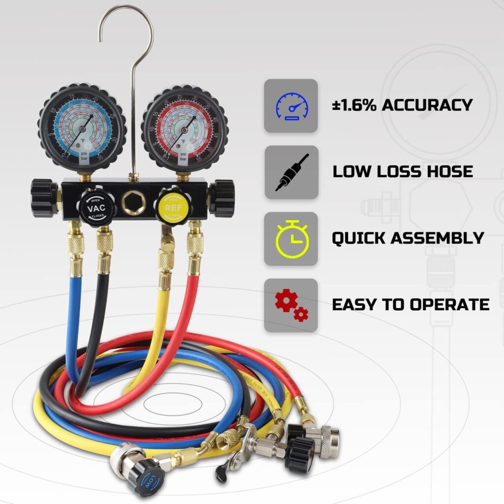 Lichamp HVAC Gauges with Hoses, AC Manifold Gauge Set R134A R410A R404A R22 Refrigerant Gauges